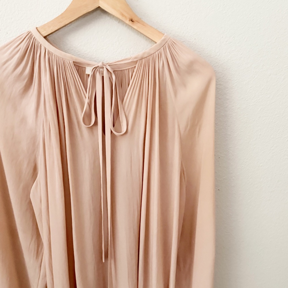 Ramy Brook Nude Blush Pink Tie Front Peasant Blouse Balloon Sleeve Large - Picture 3 of 7